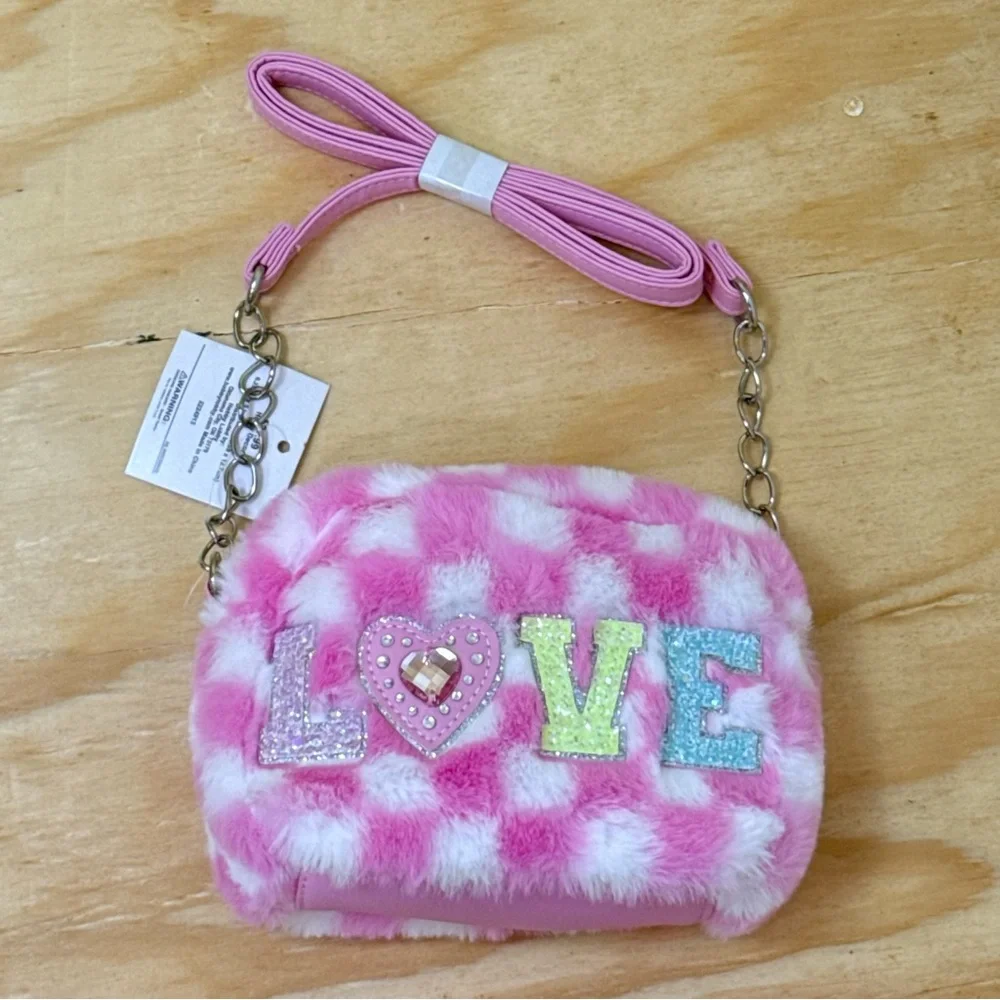 Girls Tween Pink Fuzzy Crossbody Purse LOVE Glitter Mini Bag NWT